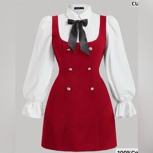 Red Double-Breasted Blazer Jumper Dress with Bow